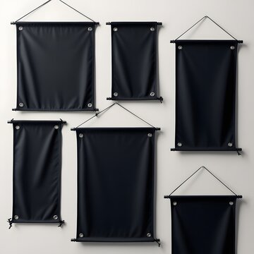 Collection of Black Blank Textile Banners and Flags, Stretched and Hanging