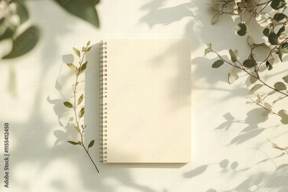 Poster mock up of minimalist planner layout with subtle grid lines and botanical accents for creative proje