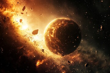 A dramatic illustration of a planet engulfed in fire and surrounded by debris, depicting a cosmic...