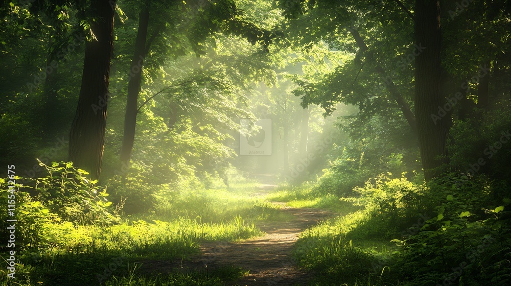 Poster sunlit forest path surrounded by lush greenery and tall trees creating a serene natural retreat : ge