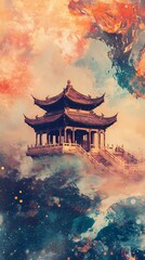 Obraz premium ancient Chinese architecture in colorful glitter like desert illustration poster background