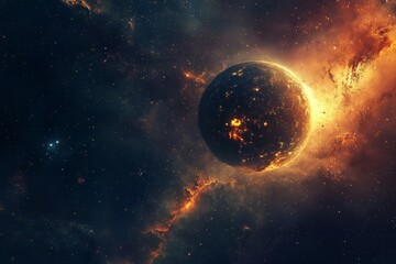 A dramatic depiction of a fiery, burning planet engulfed in cosmic flames, set against a dark, vast...