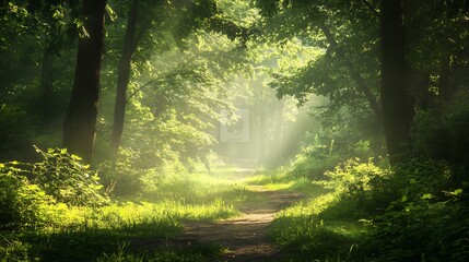 Obraz premium Sunlit forest path surrounded by lush greenery and tall trees creating a serene natural retreat : Generative AI