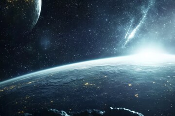 Obraz premium A near sunrise vista of Earth as seen from space, with a beautiful galaxy in the distance, creating a magnificent spectacle of celestial wonder and beauty.