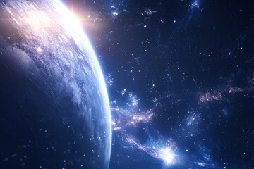 Obraz premium The Earth emerges from shadow into a starlit sky, adorned with glimmers of light and color, symbolizing a journey from darkness to illumination across the universe.