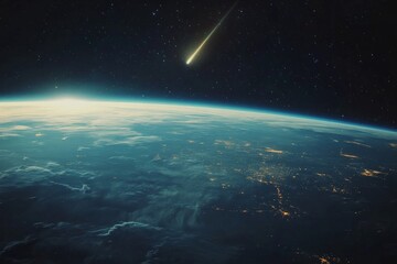 Fototapeta premium A shooting star flames through the dark twilight horizon of Earth, creating a dazzling phenomenon over the clear planet surface depicted in the cosmic backdrop.