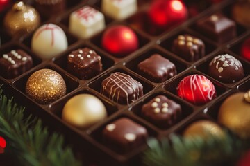 An open box of assorted gourmet chocolates with intricate festive decorations, featuring gold and red accents, surrounded by greenery and holiday lighting for a luxe feel.