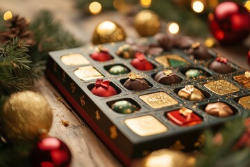 A lavishly decorated box of assorted holiday chocolates adorned with gold and red festive motifs,...