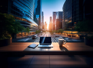 Laptop, notebook, and coffee mug sit on a balcony overlooking a city street at sunset.  A perfect remote work or home office setup.