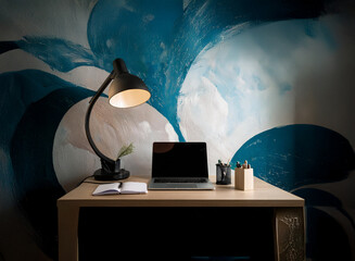 A modern home office setup.  A laptop sits on a desk illuminated by a desk lamp, against a backdrop of abstract art. Remote work is facilitated by this comfortable and efficient workspace.