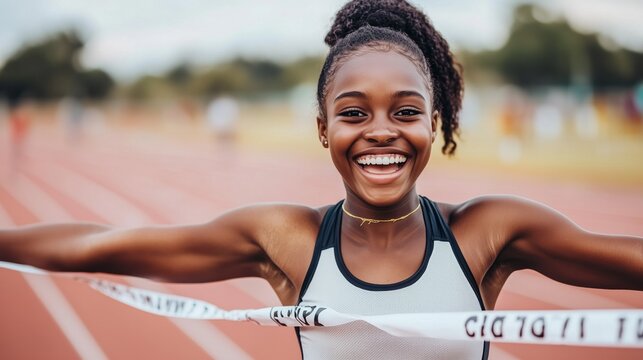 Young smiling african american female athlete winning the race on a running track