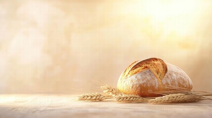 Minimalist bread loaf surrounded by wheat grains for creative mock up and template design. Generative AI