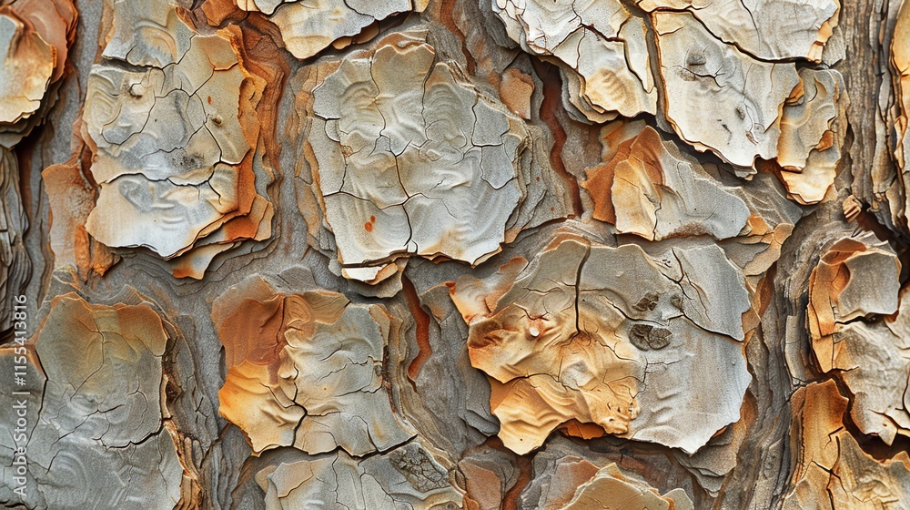 Poster a close-up of tree bark with peeling layers and cracks.
