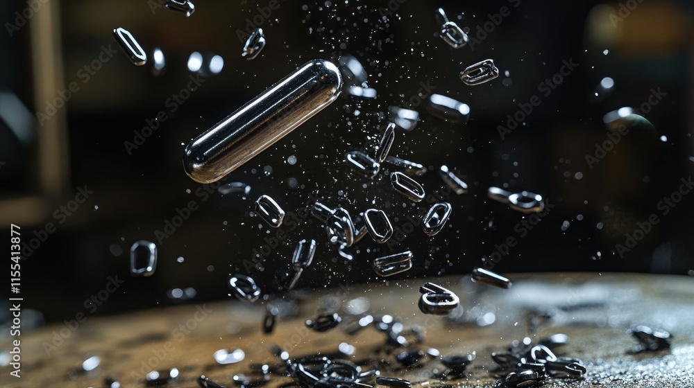 Poster a magnet attracting small metallic objects like paper clips and screws, demonstrating magnetic force