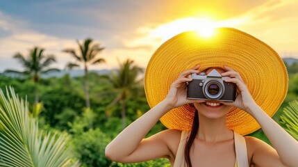 Fototapeta na wymiar Young woman tourist taking pictures with vintage camera in tropical forest during sunset with copy space