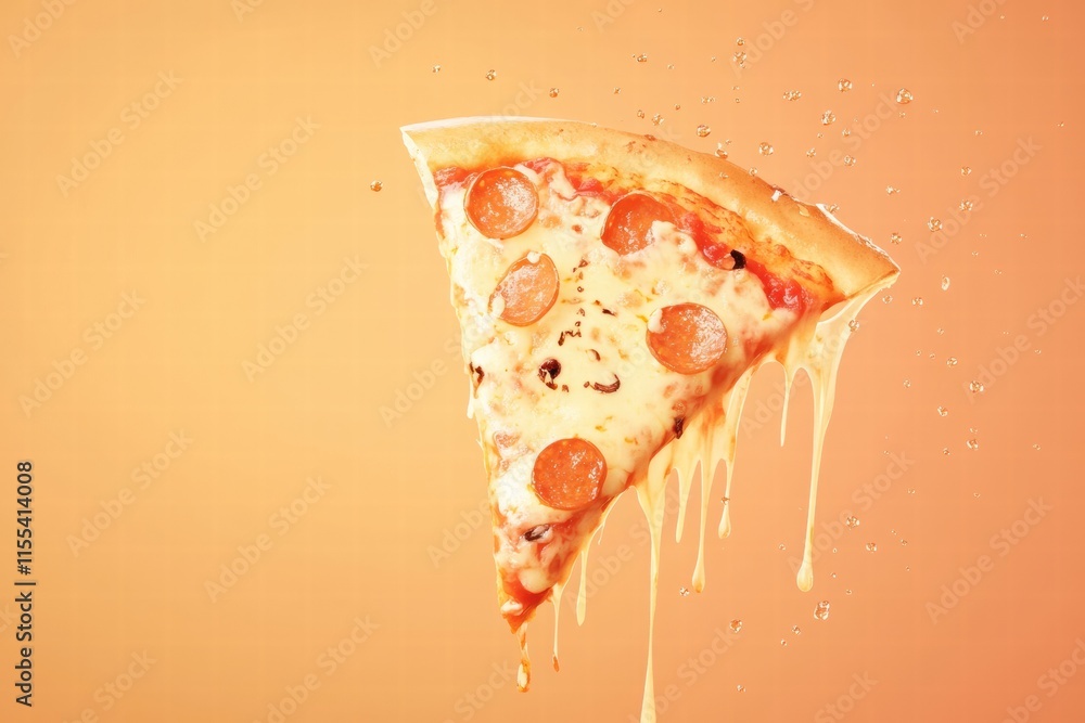 Poster Delicious pizza slice with vibrant toppings and cheese drips against a warm background. Generative AI