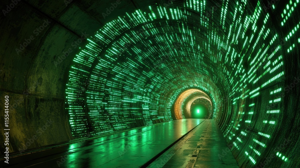 Aufkleber a matrix-inspired virtual tunnel with glowing green data grids converging toward a portal