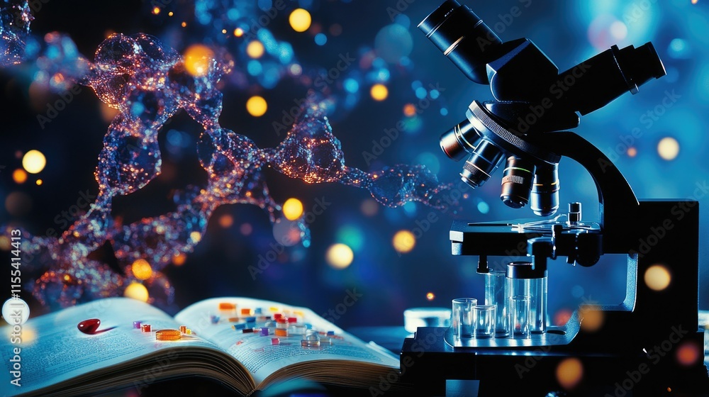 Poster a microscope with a clear view of its lenses, sample slides, and an open biology textbook in the bac