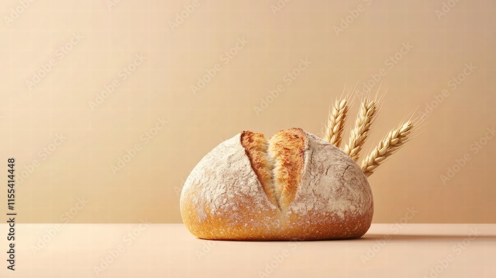 Poster minimalist bread loaf with wheat grains on a clean surface, perfect for showcasing text or branding 
