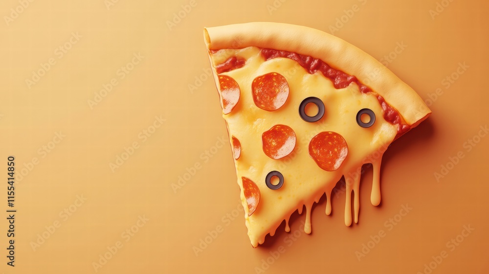 Aufkleber delicious pizza slice with stylized toppings and cheese drips on a minimalist orange background. gen