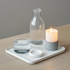 Minimalist arrangement with glass bottle, candle, and water.