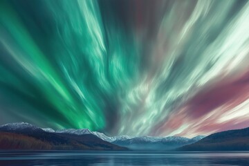 Northern lights illuminate a serene mountain landscape with calming emerald tones