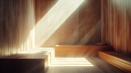A minimalist sauna room with warm wood textures and soft sunlight streaming through, ideal for serene relaxation