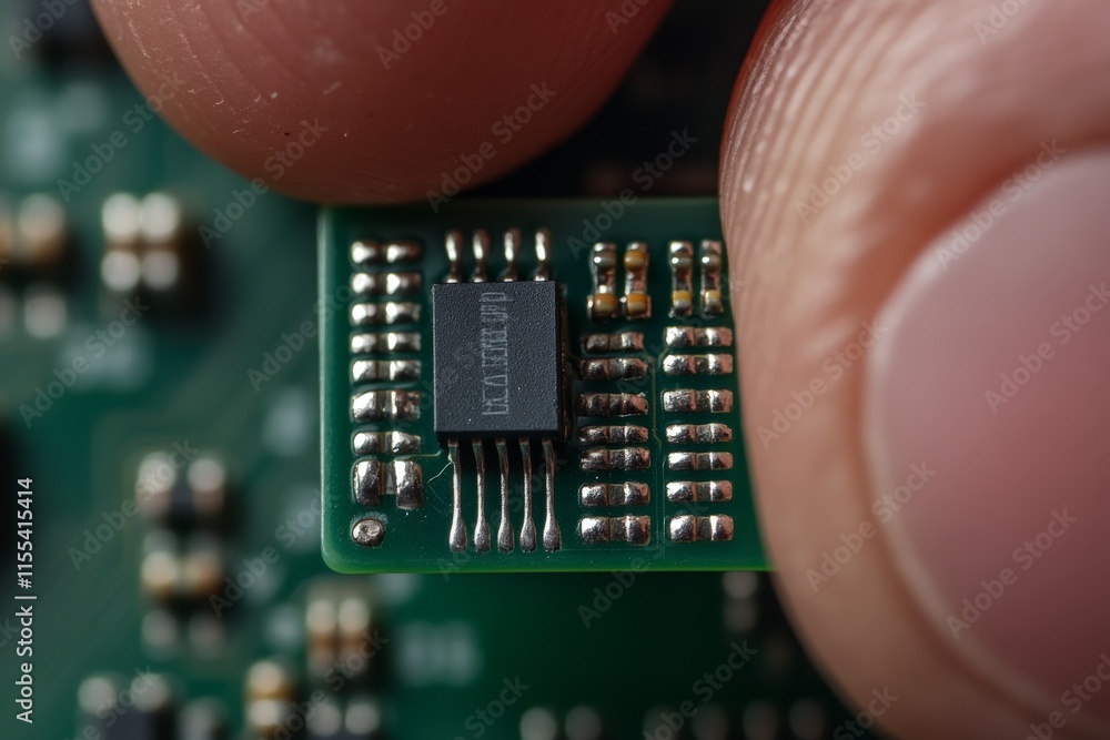 Fototapete A tiny black microchip held between two fingers, emphasizing the delicate precision and advanced technology involved in modern electronic design and manufacturing.