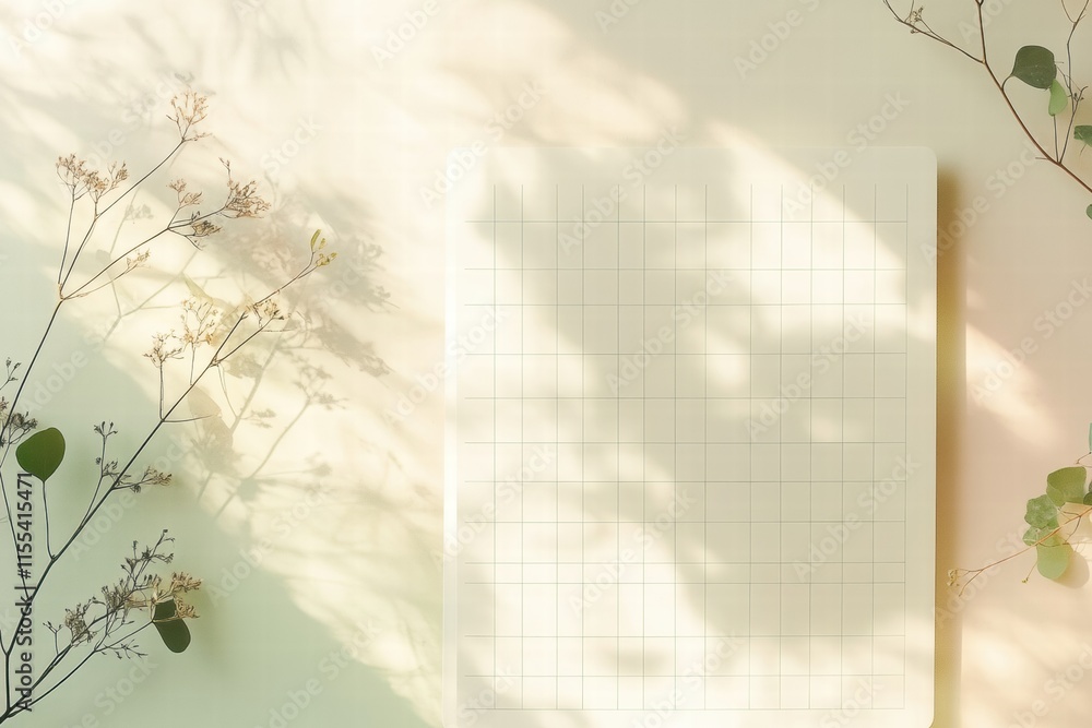 Leinwandbilder minimalist planner layout featuring subtle grid lines with natural shadows and leaves for serene pla