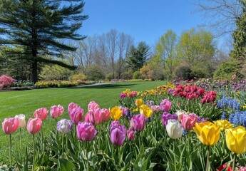 Colorful Tulip Garden Under Clear Blue Sky with Vibrant Flowers and Lush Green Grass in Full Bloom During Spring Season in a Botanical Park