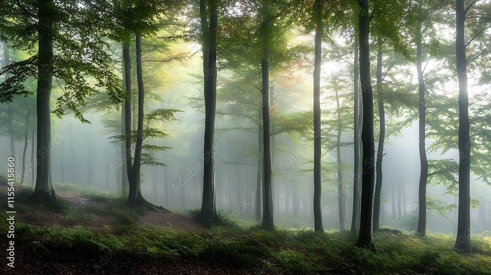 Poster serene misty forest scene with sunlight filtering through lush green trees in early morning : genera