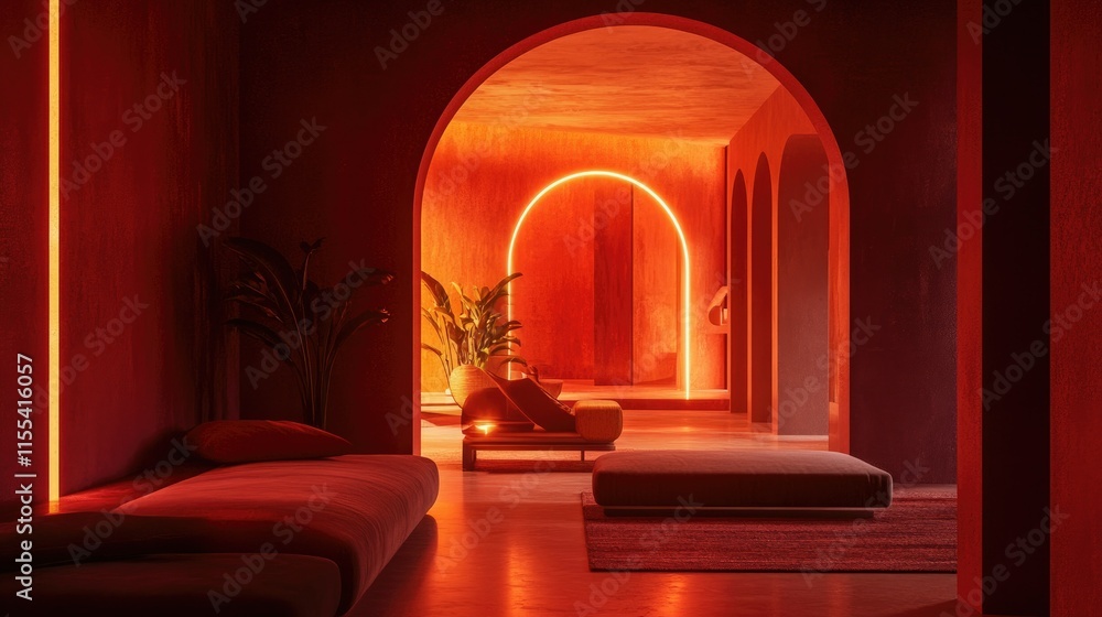 Poster a modern space with a warm red glow creating an intimate and inviting ambiance