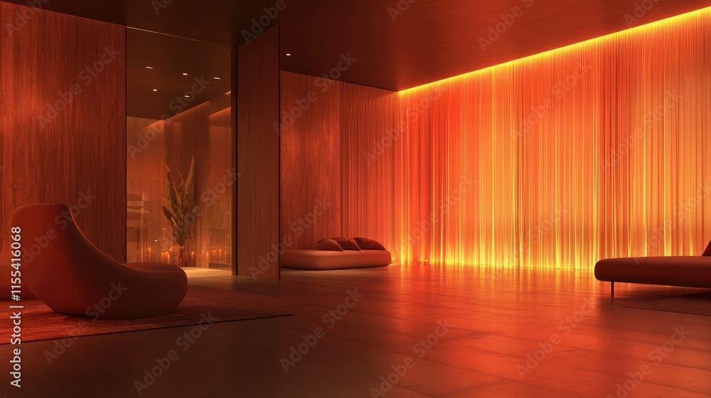 Poster a modern space with a warm red glow creating an intimate and inviting ambiance