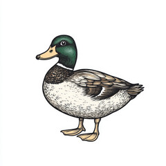 Obraz premium Colorful cartoon illustration of a mallard duck with vibrant green head, detailed feathers, standing gracefully against a clean white background