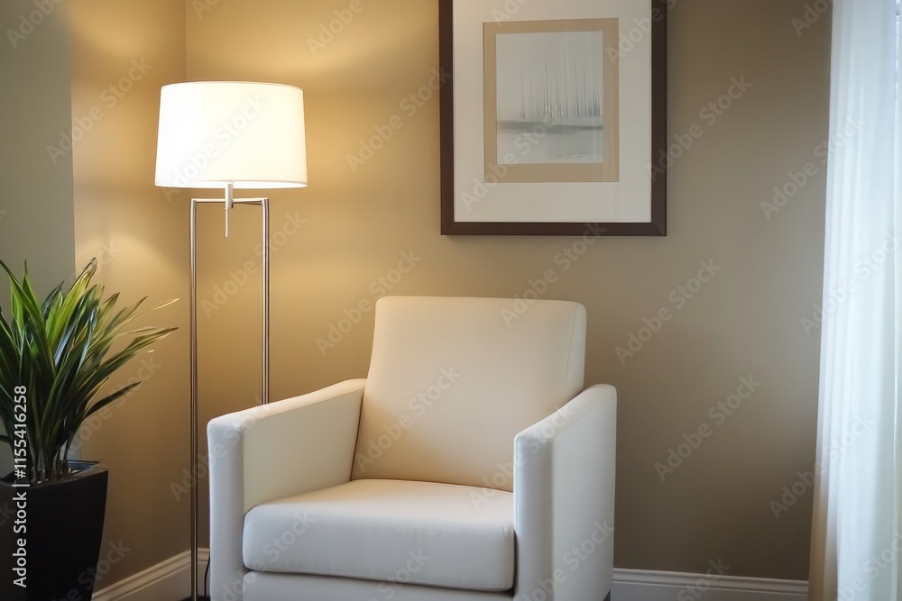 Aufkleber the image portrays a cozy corner using an elegant white armchair and a soft-lit lamp, emphasizing co