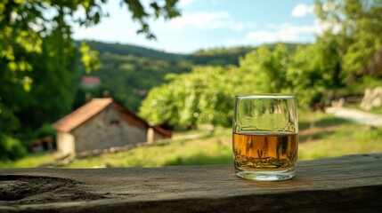Golden Drink with Scenic Countryside View