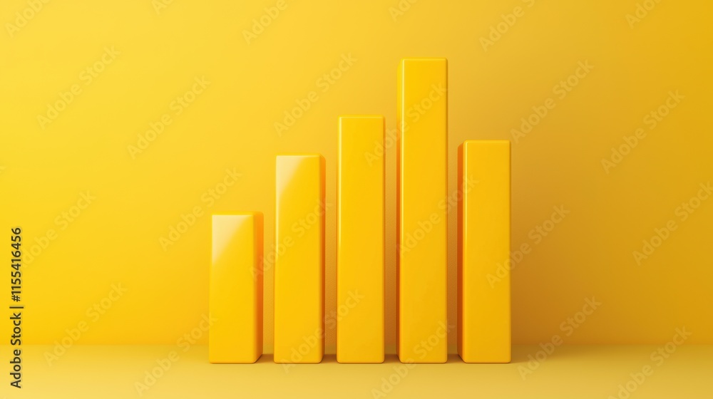 Poster 3d rendering of growing bar graph on a yellow background, representing financial projections and positive growth