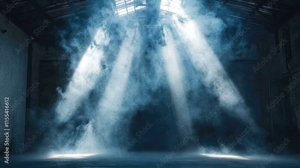 Poster a mysterious studio backdrop with layered smoke effects and sharp beams of light