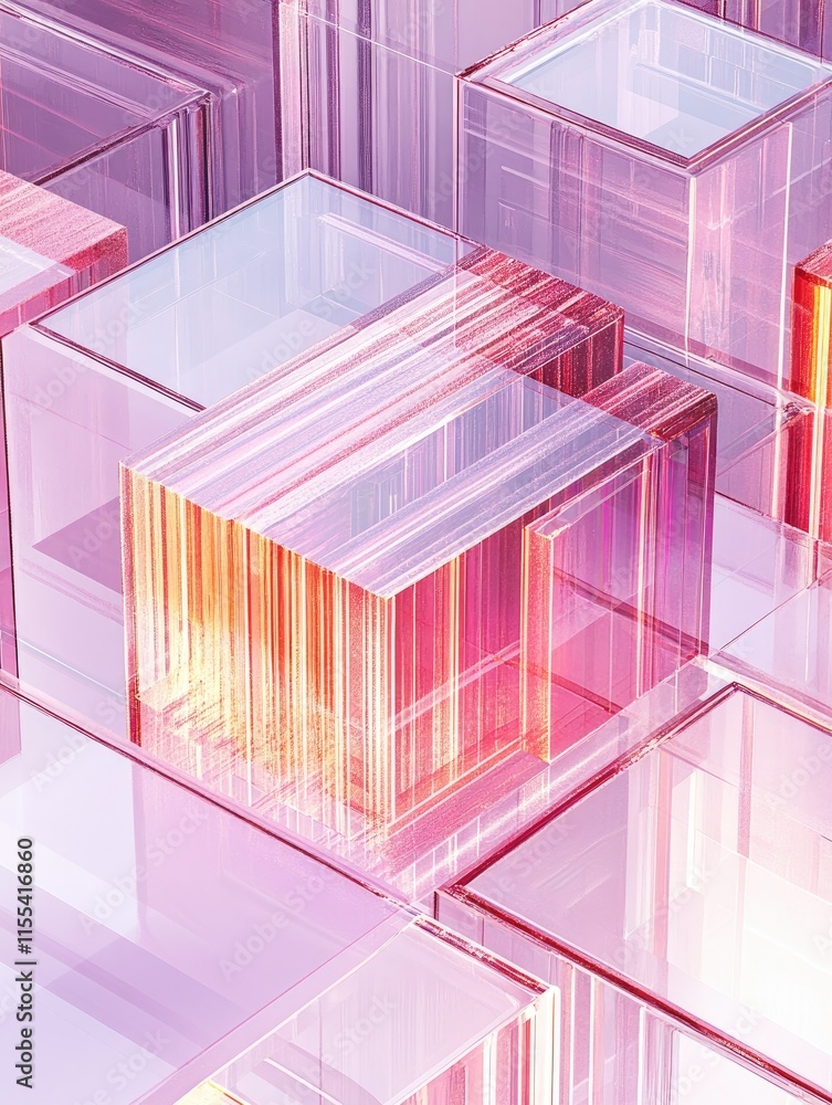 Poster abstract translucent cubes with gradient colors create a modern, digital aesthetic.