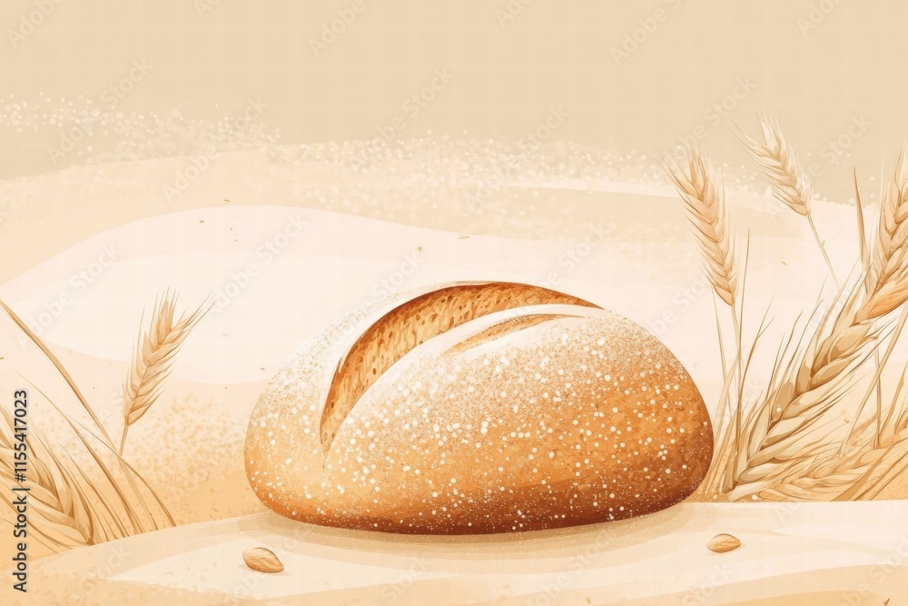 Poster minimalist bread loaf resting on a neutral backdrop with wheat grains and ample space for text eleme