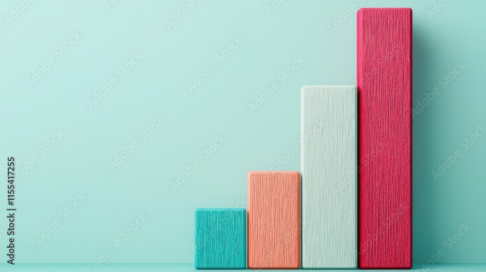Poster four colorful textured bars are displayed on a turquoise background, increasing in height from left 