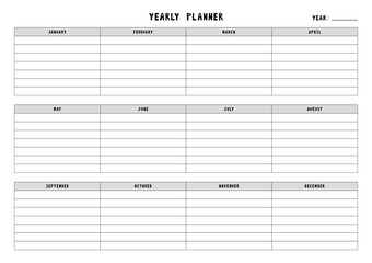 Yearly planner calendar template with for notes