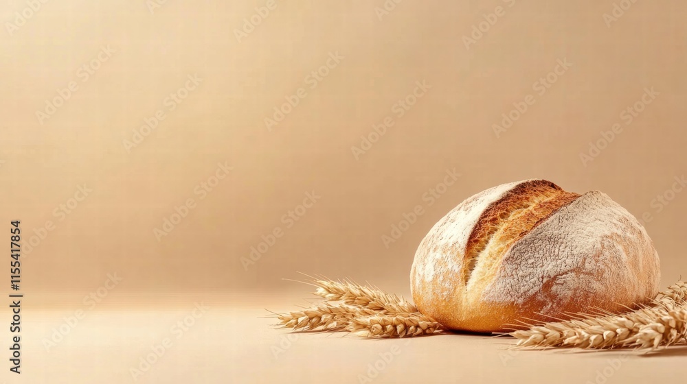 Fototapete Minimalist bread loaf surrounded by wheat grains with ample space for text in a calm, neutral setting. Generative AI
