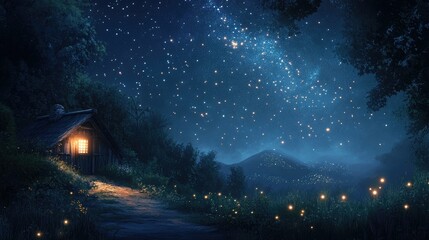 Naklejka premium A peaceful nighttime scene with a rustic hut under a canopy of sparkling stars and the Milky Way