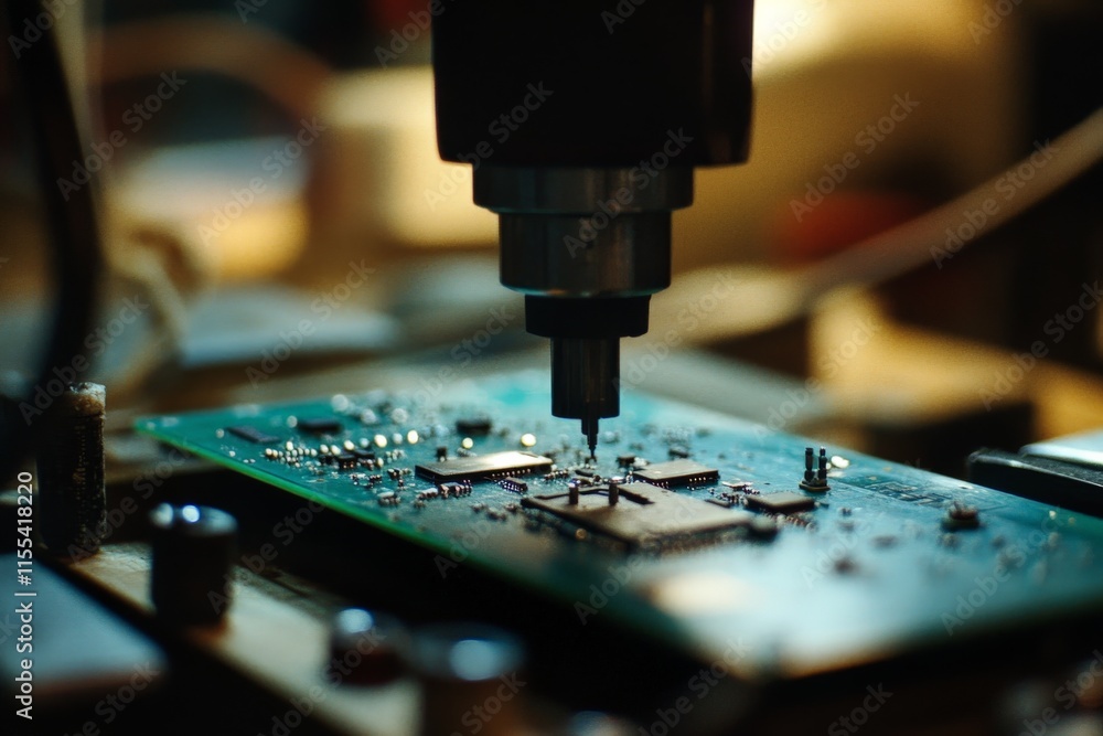 Aufkleber A detailed view of a circuit board being worked on in a high-tech environment, showcasing intricate components and advanced technology craftsmanship.
