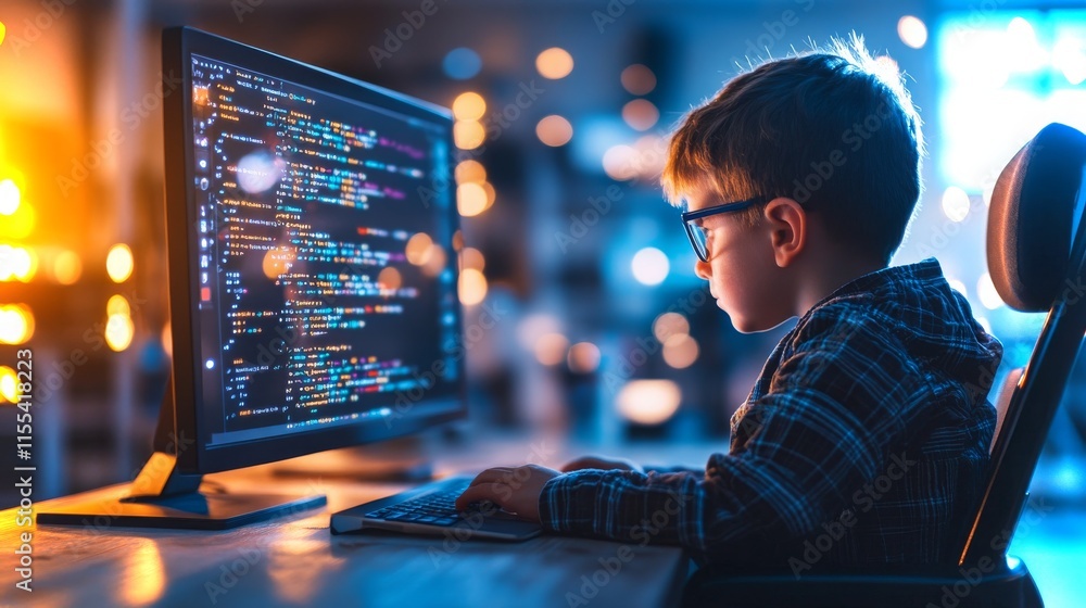 Poster young boy coding with computer in a modern workspace during evening hours