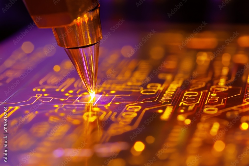 Poster A close-up of a precision laser head carefully engraving intricate circuit patterns onto a glowing, illuminated board, symbolizing futuristic technology innovation.
