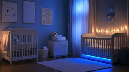 A peaceful nursery with dimmable voice-activated lighting, showcasing a blend of technology and comfort.