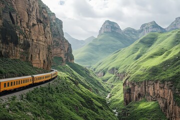 A bright yellow train travels through a breathtaking green canyon landscape, expressing themes of travel, adventure, and nature's harmonious beauty.
