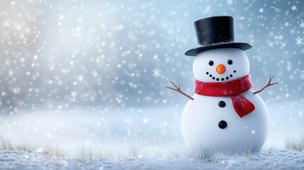 Fototapeta premium Snowman decorated for the holidays in a snowy yard